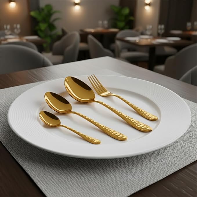 24-Piece Golden Silverware Set, Stainless Steel Cutlery Set with Knife Forks & Spoons, Flatware Set for Home and Kitchen Dining Table Set, Durable Utensils for New Home Essentials