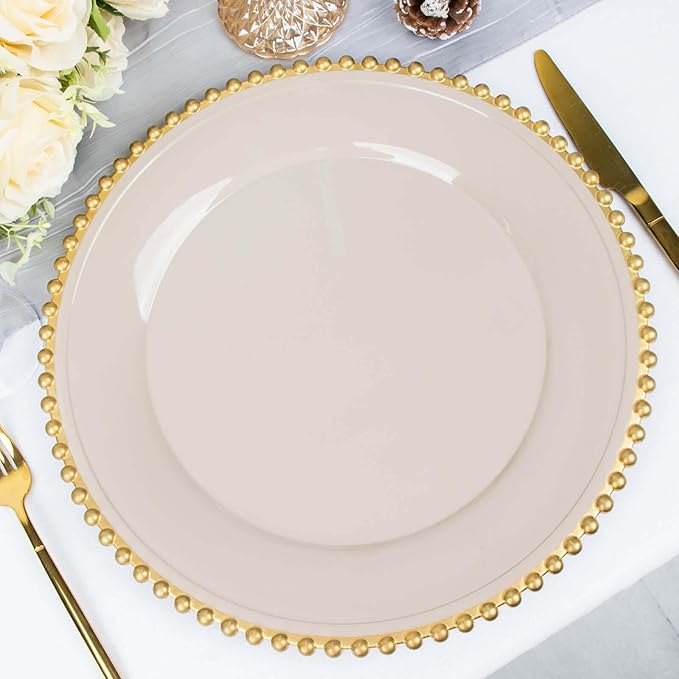 Efavormart 6 Pack 12" Taupe/Gold Acrylic Round Charger Plates With Beaded Rim Dinner Charger Plates