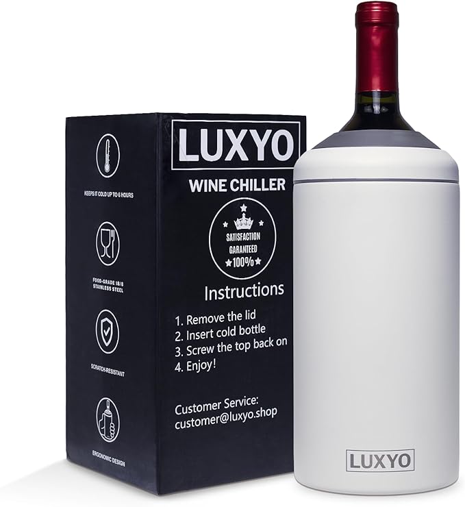 LUXYO Wine Bottle Chiller – Portable Insulated Champagne Cooler for 750ml Bottles, Stainless Steel Double Wall Bucket for Hosting, Gifts & Outdoor Use