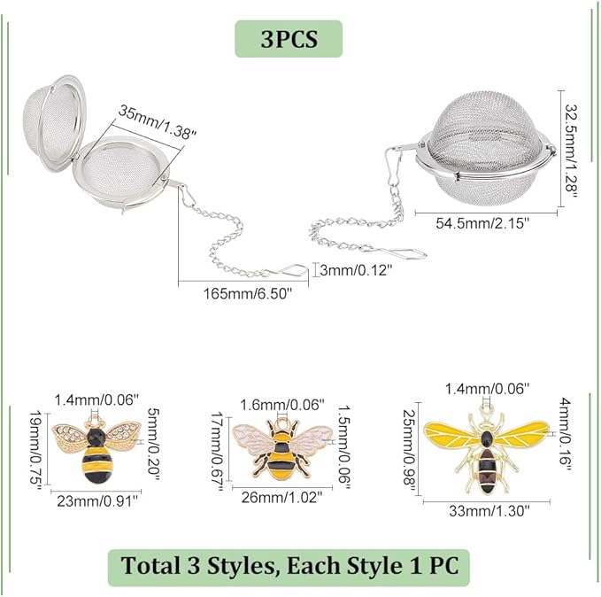 UNICRAFTALE 3 Set Round Loose Leaf Tea Ball Mesh Strainer with Alloy Enamel Pendants - Stainless Steel, Shaped like Bees