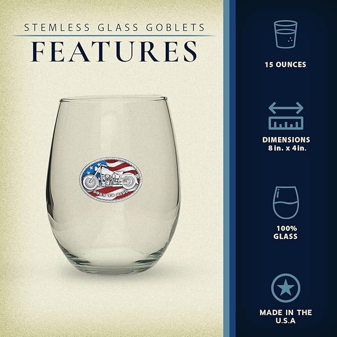 Heritage Pewter Motorcycle Stemless Glass Goblets – Set of 2 | 15 OZ Goblet Wine Glasses | Expertly Crafted Pewter Glass