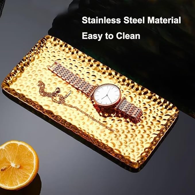 Mini Serving Platter Stainless Steel Serving Tray Hammered Rectangular 7.7 x 3.7 Inch Small Dessert Plates Coffee Table Tray Decorative Plates for Kitchen Party Gold