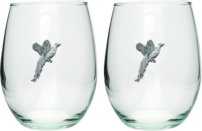 Heritage Pewter Pheasant Stemless Glass Goblets – Set of 2 | 15 OZ Goblet Wine Glasses | Expertly Crafted Pewter Glass