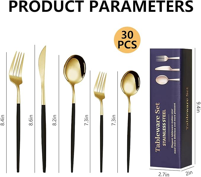 Kawlity Stainless Steel Serving Flatware Durable Black & Gold Polished Knives Spoon Forks 30 Pcs Utensil Dinner Tableware, for Kitchen Dishwasher Adults and Children Ideal Gift