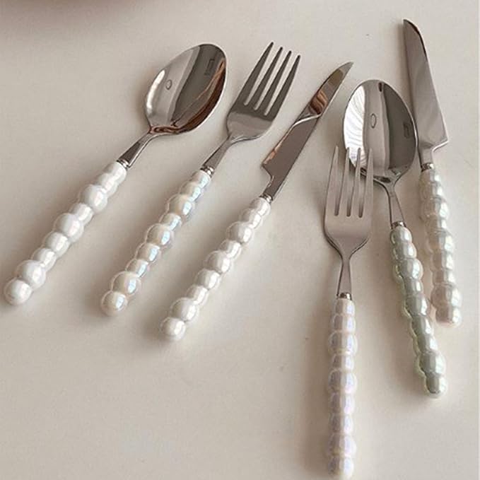 Silverware Set, Spoon and Fork Set Flatware Set Stainless Steel Cutlery Set with Ceramic Pearl Handles for Home Restaurant Hotel