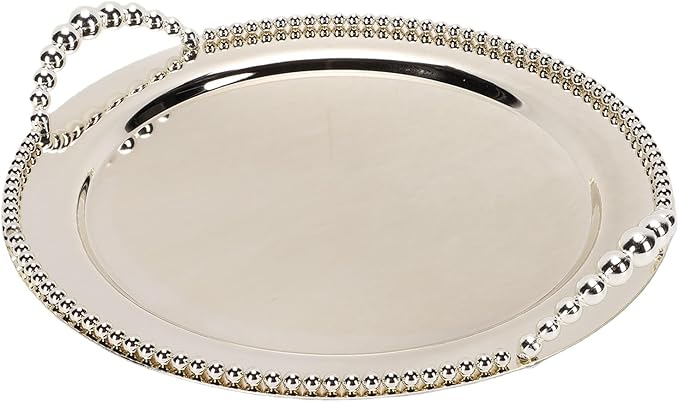 Round Metal Serving Tray, 31.5cm Silver Fruit Platter with Handles for Indoor Outdoor Camping BBQ Picnic Decor, Tea Tray Tea Serving Platter for Food Fruit Coffee