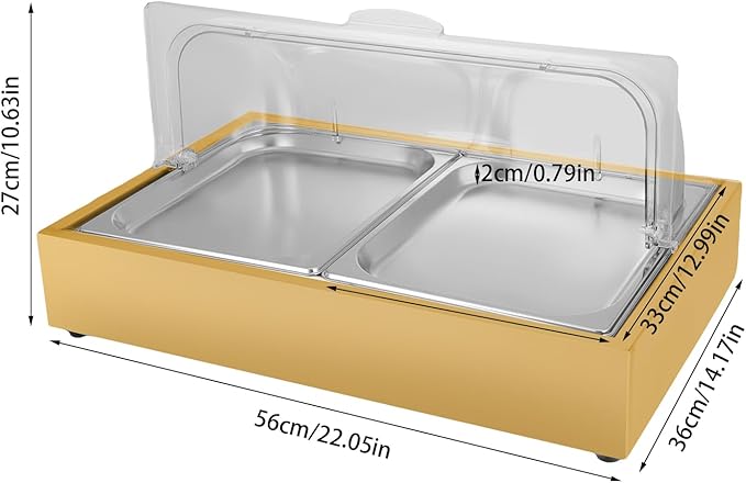 Ice Food Serving Display Tray, 3L/ 3.17Qt Stainless Steel Buffet Cold Serving Plate Ice Food Serving Display Tray with Ice Box for Hotel and Party (Gold, 3L)