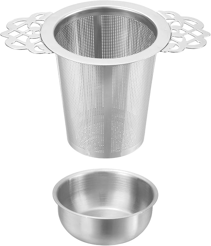 uxcell 1 Pcs Tea Infuser Filter with Handle, Drip Bowl, Fine Mesh Loose Tea Steeper, Stainless Steel Tea Strainer for Brew Loose Leaf Tea, Silver