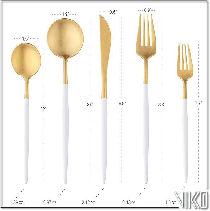 Vikko Decor Modern Flatware Set: Matte White and Gold Silverware Set, 18/10 Stainless Steel, Fancy Long Handled Cutlery, Two Toned Silverware for Upscale Dining, 20 Pc Set, Service for Four(4)