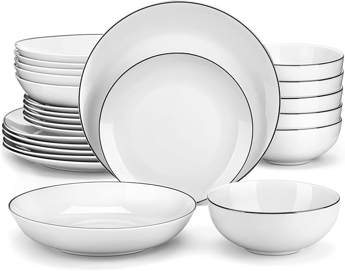 24-Piece Black-Rimmed Ceramic dinnerware Set, White Porcelain Plates, Including 4 Dinner Plates/Dessert Plates/Soup Plates/Bowls, Black Rimmed - 24-Piece Set,Black Rim-24 Piece