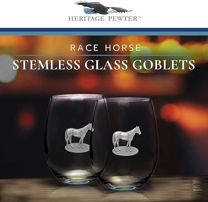 Heritage Pewter Racehorse Stemless Glass Goblets – Set of 2 | 15 OZ Goblet Wine Glasses | Expertly Crafted Pewter Glass