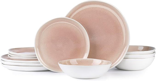 AmorArc Ceramic Dinnerware Sets,Handmade Reactive Glaze Stoneware Plates and Bowls Sets,Highly Chip and Crack Resistant | Dishwasher & Microwave Safe Dishes Set,Service for 4 (12pc)-Pink