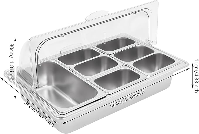 7 Compartments Food Serving Display Container, 7 Pans Countertop Ice Food Serving Display Container Stainless Steel Buffet Food Display Serving Tray with Clear Roll Top Cover Serving Dish