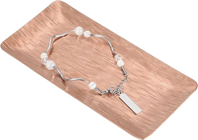 uxcell Decorative Tray, 5.9x3 Stainless Steel Rectangular Frosted Serving Tray with Streak Grain Pattern for Dessert Napkin Towel Candle Jewelry Bathroom Platter, Stackable, Rose Gold