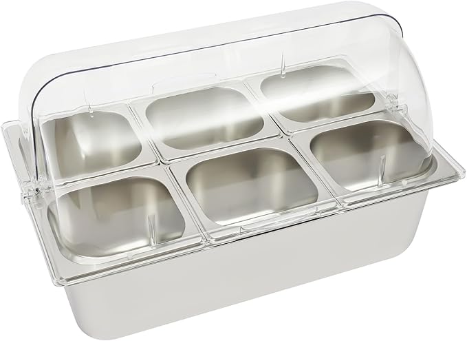 Ice Food Serving Display Tray, 3.59QT Stainless Steel Ice Serving Tray with Clear Roll Top Cover Condiment Dispenser Cooling Food Buffet Dishes