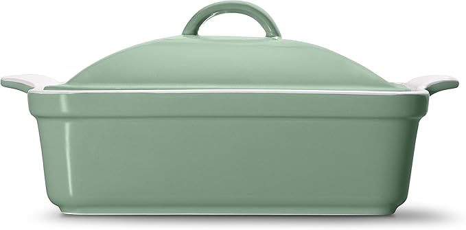 Stoneware Casserole Dish Bakeware with Lid | Covered Square Dinnerware | Large 2.5 Quart, [Sage Green]