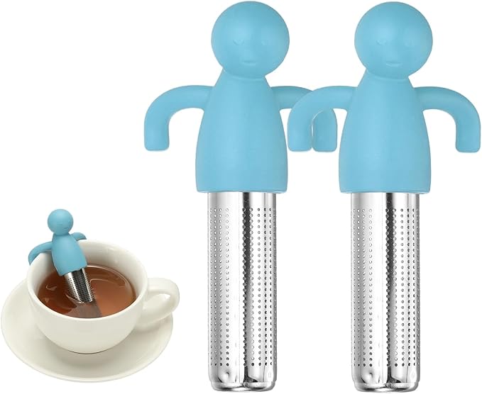 uxcell 2 Pcs Cute Tea Infuser, Stainless Steel Loose Leaf Tea Steeper Filter with Silicone Handle Reusable Coarse Pores Mesh Strainer Diffuser for Teacups Teapots Mugs, Sky Blue