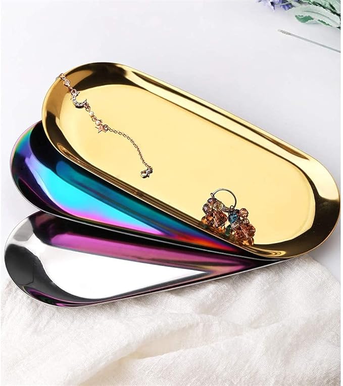 Serving Tray Oval Stainless Steel Tray Fruit Trays Storage Tray Serving Plate Cosmetics Jewelry Decorative Organizer for Coffee, Dessert, Fruit.-Gold||Small