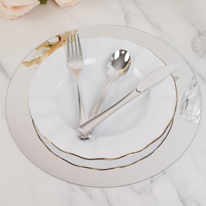 Efavormart 10 Pack Silver Round Acrylic Mirror Tray for Table Setting, Circle Candle Plate Centerpiece Bases - 12"