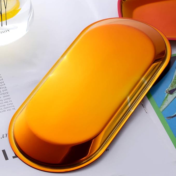 Buyer star Orange Red 2PCS 9inch Stainless Steel Oval Tray Fruit Trays Storage Tray Dish Plate Cosmetics Jewelry Decorative Organizer