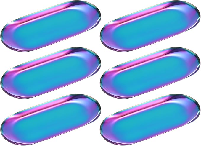 uxcell 6pcs Stainless Steel Decorative Tray, 7 Inch Oval Jewelry Tray, Small Serving Tray for Bathroom Countertops, Closets, Dressers, Multicolor