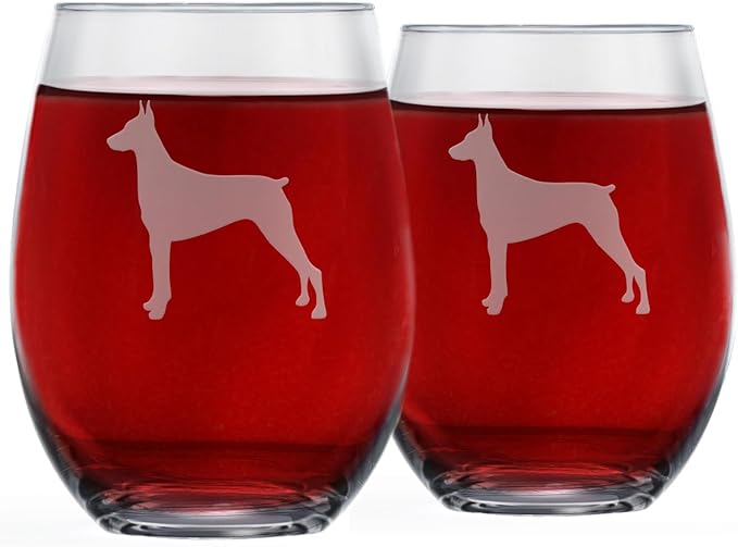 Doberman Stemless Wine Glasses (Set of 2) | Unique Gift for Dog Lovers | Hand Etched with Breed Name on Bottom