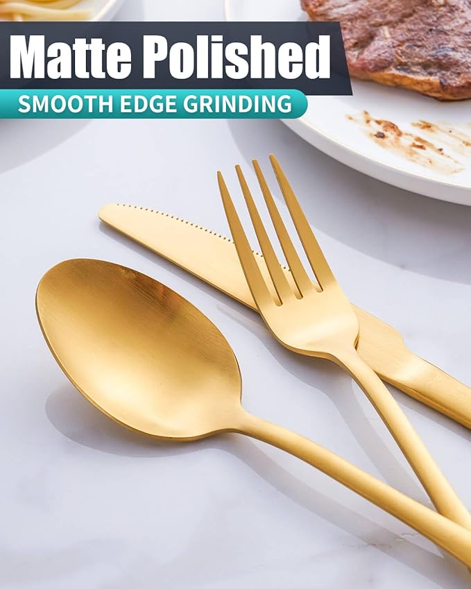 24-Pieces Matte Gold Silverware Set with Steak Knives,Stainless Steel Flatware Set,Cutlery Set Service for 6, Tableware Kitchen Utensil Set,Dishwasher Safe