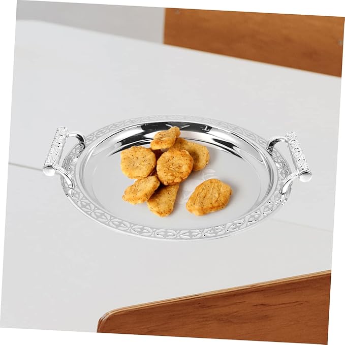 European Style Round Serving Tray Elegant Appetizer Dish for Fruits Desserts Snacks Silver Patterned Platter Multi Functional Decorative Storage Plate for Home
