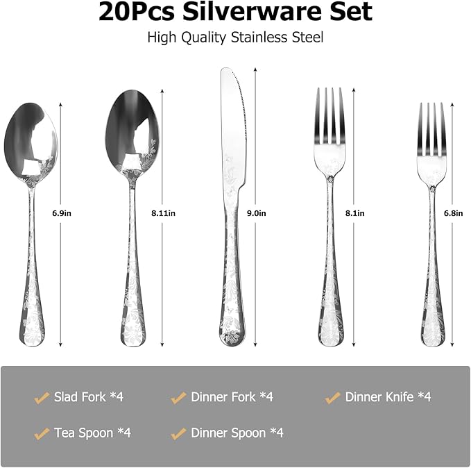 20-Piece Silverware Set, AORESAC Flatware Set for 4, Butterfly Flower Design, Mirror Polish, Forks Spoons, and Knives set for Home and Kitchen, Dishwasher Safe (Silver)