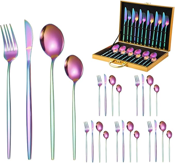 Serving Set Stainless Steel Tableware for 24 PCS, Mirror Polished, Slim Handle Serving Set for 6 for Formal Events, Parties, Food Barbeque, Dishwasher Safe(Rainbow Color,D)