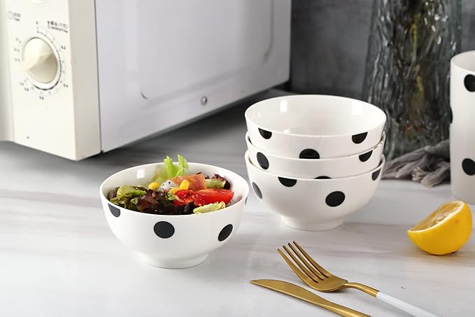 Modern Porcelain 16-Piece Dinnerware Set, Plates and Bowls Set for 4, Black Polka Dot Dinnerware,Dishwasher & Microwave Safe Ceramic Dish Set for Home Dining, Gifts