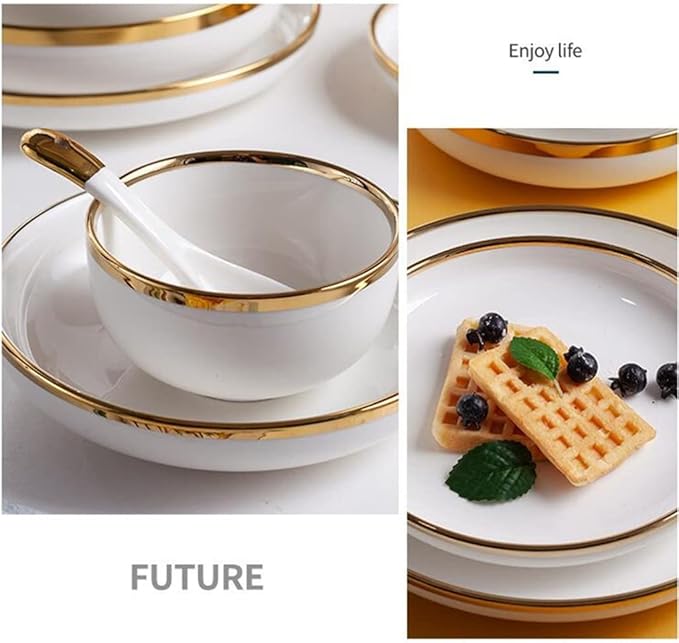 Tableware Set,Gold Inlay Bright White Porcelain Dinner Sets Ceramic Bowl Dish Plates Set Porcelain Dinnerware for Household Hotel