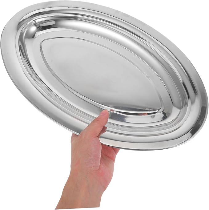 Healifty 1Pc Stainless Steel Oval Serving Tray Multi Function Pastry and Snack Plate for Desserts Fish and Fries Easy to Clean for Parties and Entertaining