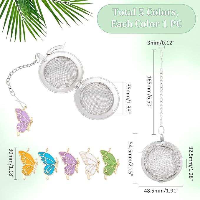 UNICRAFTALE 5pcs Round Stainless Steel Mesh Tea Infusers Round Tea Strainer with Butterfly Pendant Loose Tea Holder Tea Mesh Strainer Tea Filters for Brew Tea Spices Seasonin