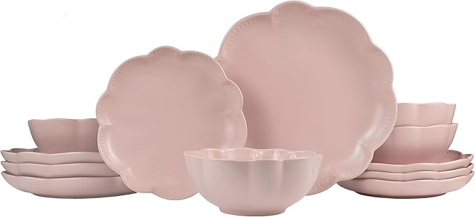 Sango 12 Pieces Scalloped Dinnerware Set, Modern Pink Dishes for 4, Premium Serving Plates & Bowls Sets, Chip & Scratch Resistant, Ceramic Dishware, Kitchen Dish, Microwave & Dishwasher Safe, Bethany