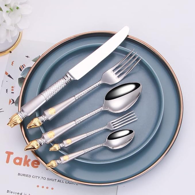 Stainless Steel Flatware serving set,Home Kitchen Eating Tableware Set,Dishwasher Safe,For Home Kitchen Restaurant Hote 5/20 Piece 304 Stainless Steel Steak Knife And Fork Set Light Luxury Sandblastin