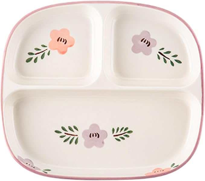 Divided Plates with 3 Compartment 8.3x7.3x1 Square Floral Pattern Ceramic Portion Control Plates for Adults & Kids, Home, School, Kindergarten Christma