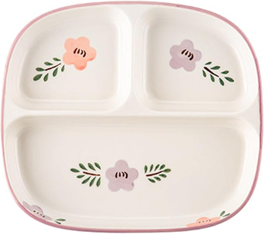 Divided Plates with 3 Compartment 8.3x7.3x1 Square Floral Pattern Ceramic Portion Control Plates for Adults & Kids, Home, School, Kindergarten Christma