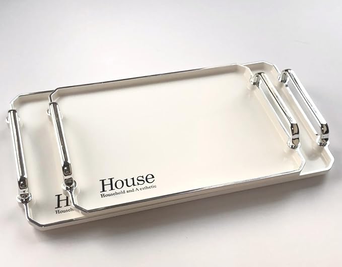 Generic Decorative Tray 2 Packs Large Serving Trays for Coffee Table, Rectangular Coffee Table Tray White Ottoman Tray Living Room Decor Tray with Handles Length 12'' and 16'', HWTP02-US