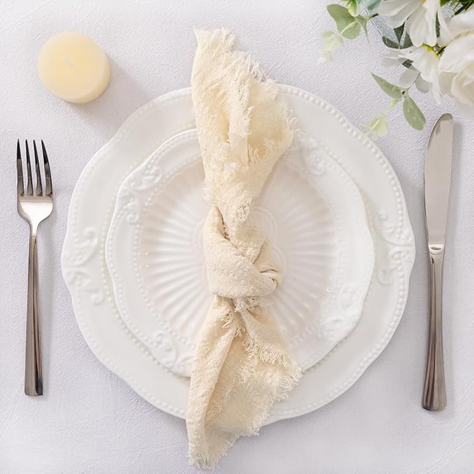 Socomi Set of 6 Linen Napkins Beige Easter Spring Cloth Napkins Washable Cotton Dinner Napkins Fringe 17"x17" for Wedding Party Bridal Baby Shower Birthday Table Decorations