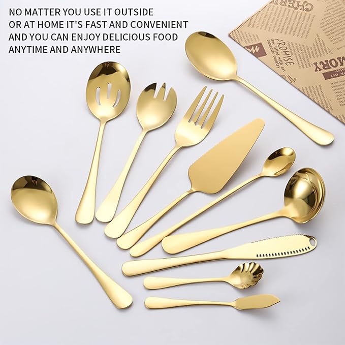 11-Piece Serving Utensil Set, Stainless Steel Modern Flatware Serving Set Serving Spoons Fork Knife Ladle, Tableware Cutlery for Home Restaurant Buffet Party (Gold)