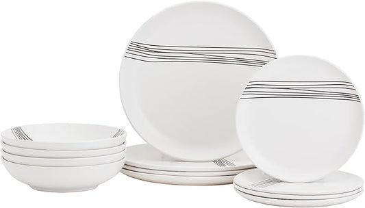 Tabletops Gallery 12-Piece Embossed White Black Striped Stoneware Dinnerware Set of Kitchen Dishes, Round Dinner Salad Plates Cereal Bowls, Service for 4, Skye