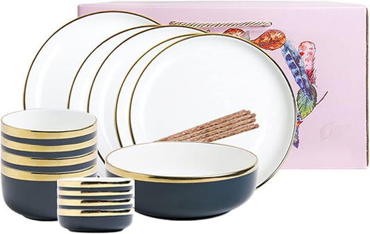 18 Piece Dinnerware Set Service for 4 People, Plates and Bowls Sets, Round Gold Trim Ceramic Dinner Set, Porcelain Dinnerware Set Dish Set, Tableware Multiplayer Set Salad Bowl Home GIF