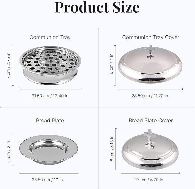 Communion Ware Church Set | Stackable 2 Communion Trays with Cover & 2 Bread Plates with Cover, 80 Cups Included | Ideal for Churches | Stainless Steel - Shiny (Silver) Finish