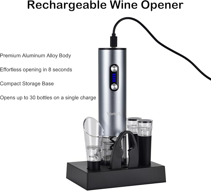 Electric Wine Opener With Base, Rechargeable Bottle Opener With 2-in-1 Aerator & Pourer, Foil Cutter, 2 Stoppers - Accessories Gifts for Wine Lovers