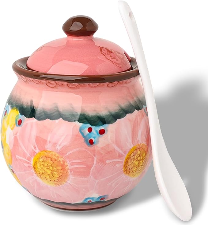 silesia Handmade Sugar Bowl with Lid and Spoon, 8 oz Hand-Painted Ceramic Sugar Jar, Floral Design Seasoning Container for sugar, honey, or spices, Dishwasher Safe (Glazed Pink)