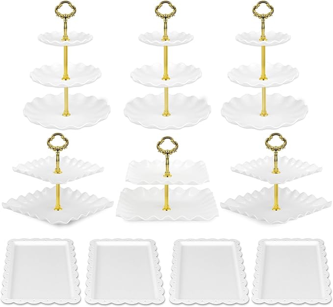 Pack of 10 NWK Cake Stand Set, with 3 x Two-Tier and 3 x Three-Tier Cupcake Stands, 4 x Appetizer Trays, for Birthday Baby Bridal Shower Party (Gold)