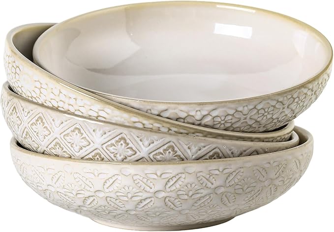8 inch Pasta Bowls Set of 4, 22 Oz Ceramic Serving Bowls, Large Porcelain Embossed Soup Bowl, Serving Dishes for Pasta, Salad, Fruit, Oven & Dishwasher Safe, Housewarming Wedding Present