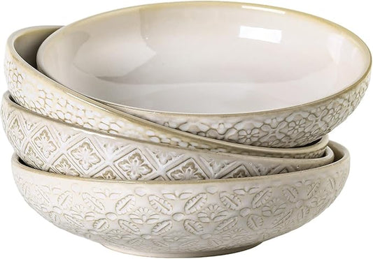 8 inch Pasta Bowls Set of 4, 22 Oz Ceramic Serving Bowls, Large Porcelain Embossed Soup Bowl, Serving Dishes for Pasta, Salad, Fruit, Oven & Dishwasher Safe, Housewarming Wedding Present