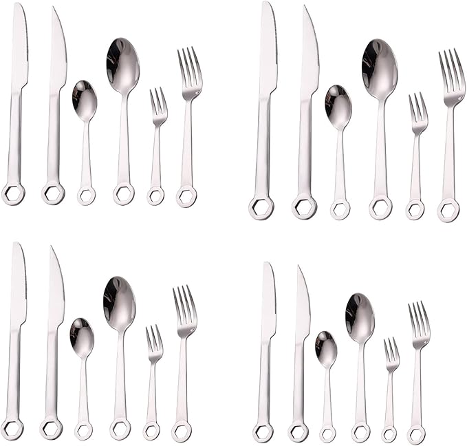 Cutlery Set Stainless Steel Wrench Handle Flatware Set for 4, Food-Grade Serving Cutlery Set Tableware Eating Utensils Knives Forks Spoons Set Gift
